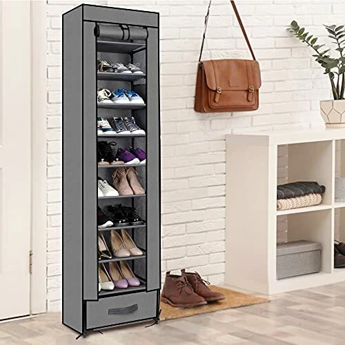 OYREL Shoes Rack 10 Tier Tall Narrow Shoe Rack with Bin Covered Shoe Shelf Storage Organizer Closet Stackable Shoe Stand