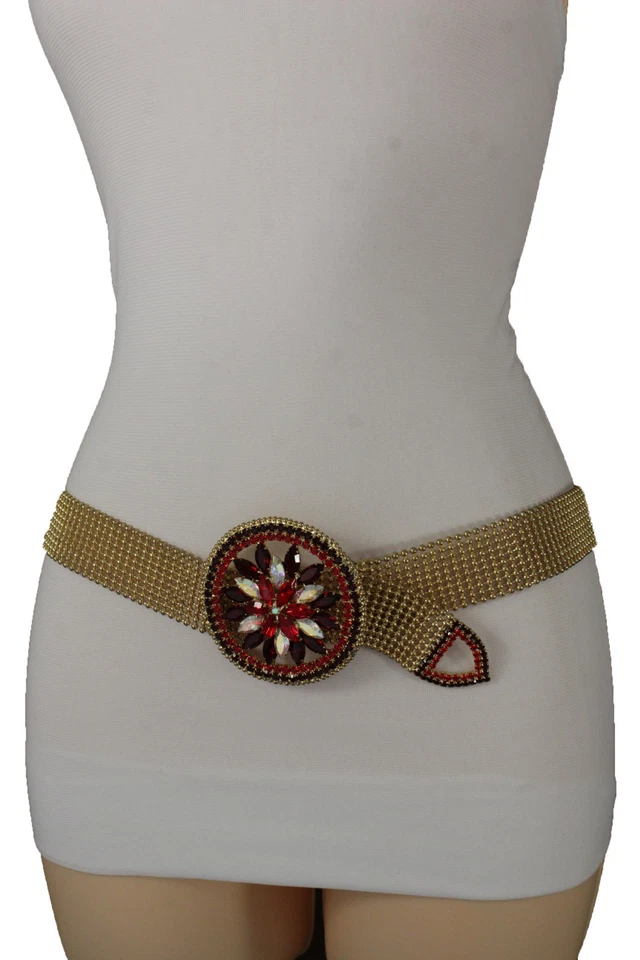 Mujeres Malla Dorada Metal Cadera Wiast Moda Elegante Cinturón Redondo Rojo Flor Hebilla S M Foto 4 de 4