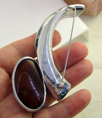 Estate Signed Poland Modernist H J ZDANOWSCY Sterling Silver Baltic Amber Brooch - Picture 3 of 7