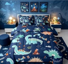 Dinosaur 7 Piece Bedding Set for Kids Full Dino Navy Blue