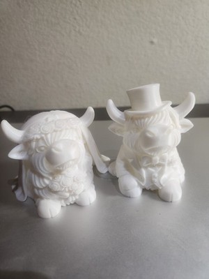 Set of Two White Highland Cow Bride and Groom Figurines, White