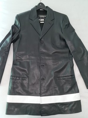 Versus Gianni Versace Men's Black Leather Overcoat White Stripe Size 38