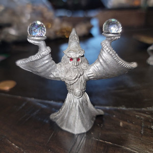 Vintage Spoontiques Pewter Wizard Figurine with Crystal Balls & Red Eyes