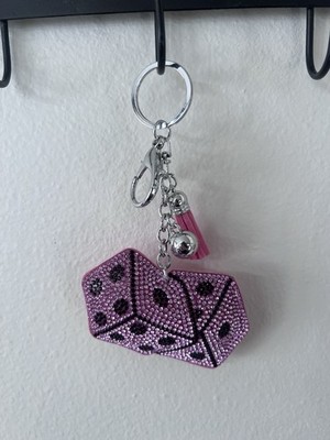 Pink Rhinestone Dice Keychain Bling Black Spots Tassel Bag Charm