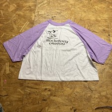 VTG Oregon Rockaway XL T-Shirt Purple Crop Sleeve Birds Women USA MADE A11