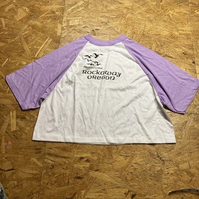 VTG Oregon Rockaway XL T-Shirt Purple Crop Sleeve Birds Women USA MADE A11