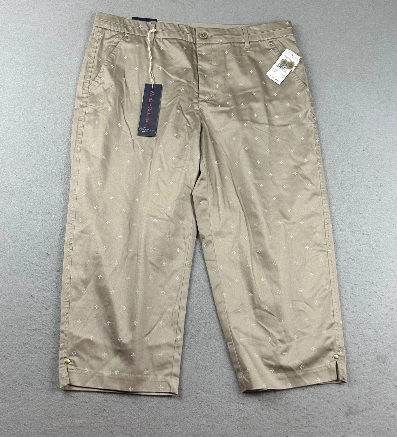 Khakis Co Pants Women 14 Beige Sateen Wrinkle Resistant Comfort Waist Capri NWT