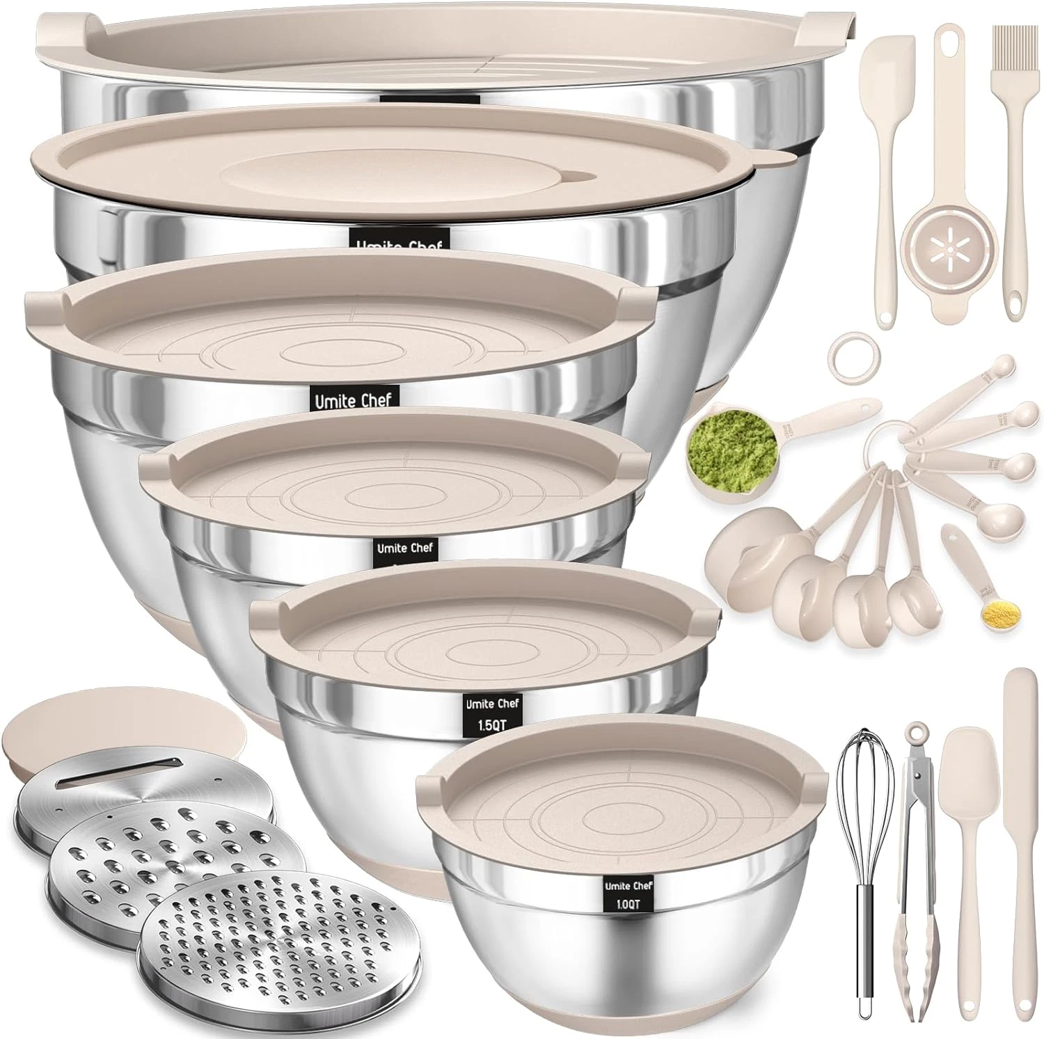Mixing Bowls with Airtight Lids Set, 26PCS Stainless Steel Khaki Bowls with Grat