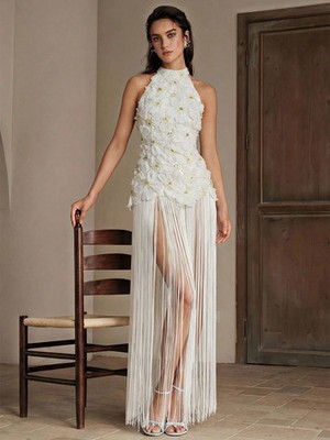 Anewsta Women'S Elegant Summer White Dress,Sleeveless Halter Neck Embroidered
