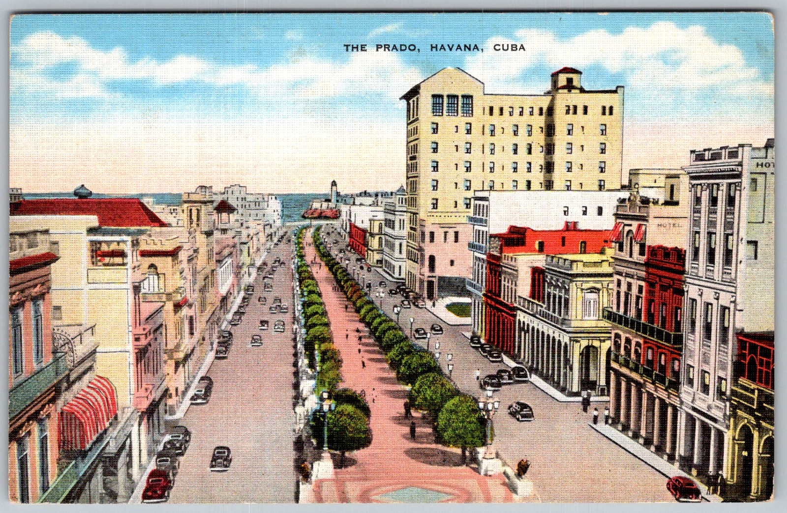 Vtg Linen Postcard Paseo Del Prado Havana, Cuba 1930s
