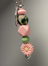 Hand Beaded Keychain Green Pink Flower Silver Tone