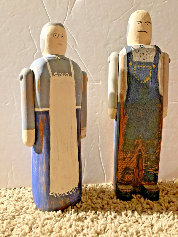 Wolf Creek Folk Art Man Woman Farmer Figueres Carved Wood Signed 10.5"