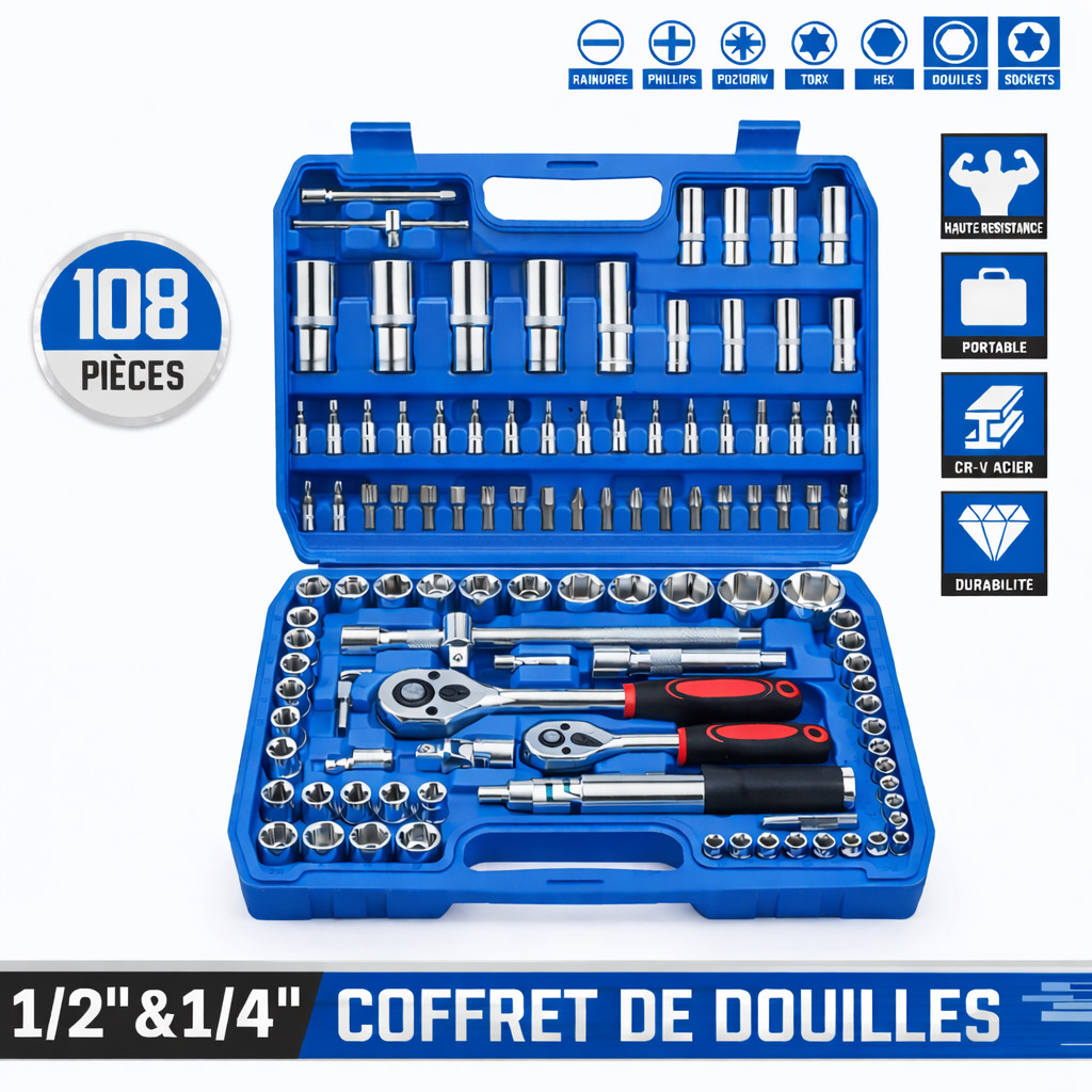 Coffret cliquet 108 pièces en acier Cr-V avec mallette de transport robuste