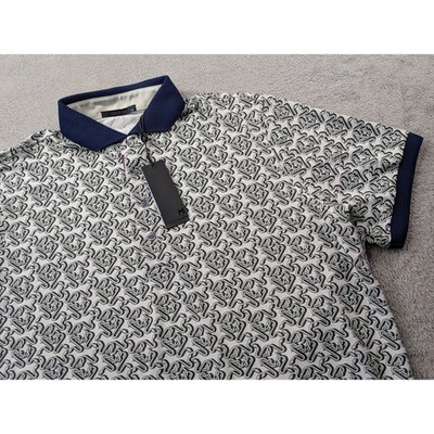 GREYSON Intertwined Polo Shirt Mens XL White Navy All Over Print Short Sleeve