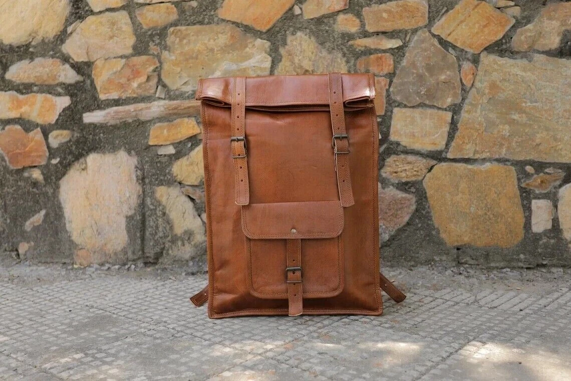 Vintage Brown Leather Backpack Bag Travel Rucksack Genuine For Men
