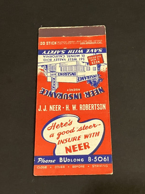 Vintage California Matchbook  JJ Neer Insurance Agency  El Monte