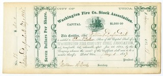 Utica. Washington Fire Co. Stock Assoc. 1867. $7 Shrs I/U Capital Stock Cert.