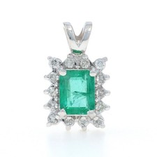 White Gold Emerald Diamond Halo Pendant - 14k 1.06ctw