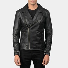 Men's Real Sheepskin Leather Rider Jacket Black Cafe Racer Motorcycle Zip Coat