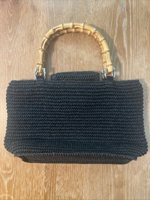 Talbots Black Paper Straw Purse With Bamboo Handles
