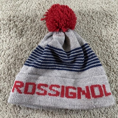 Rossignol Hat Beanie Mens One Size Gray Wool Striped Pom Ski Snow Winter Logo