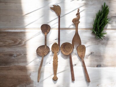 Rustic Hand-Carved Coconut Wood Teak Utensils Lot, Boho Tribal Kitchen Decor