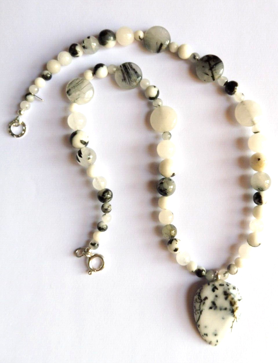 Collier opale dendritique 44cm, cadeau d'exception en argent massif