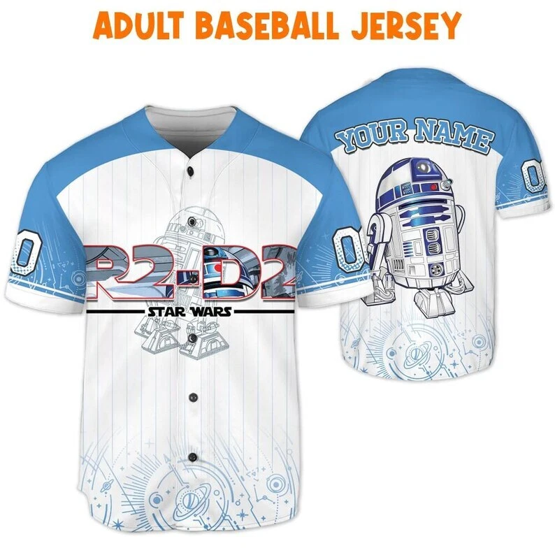 Personalized R2-D2 Robot Star Wars Character White Blue Baseball Jersey Shirt