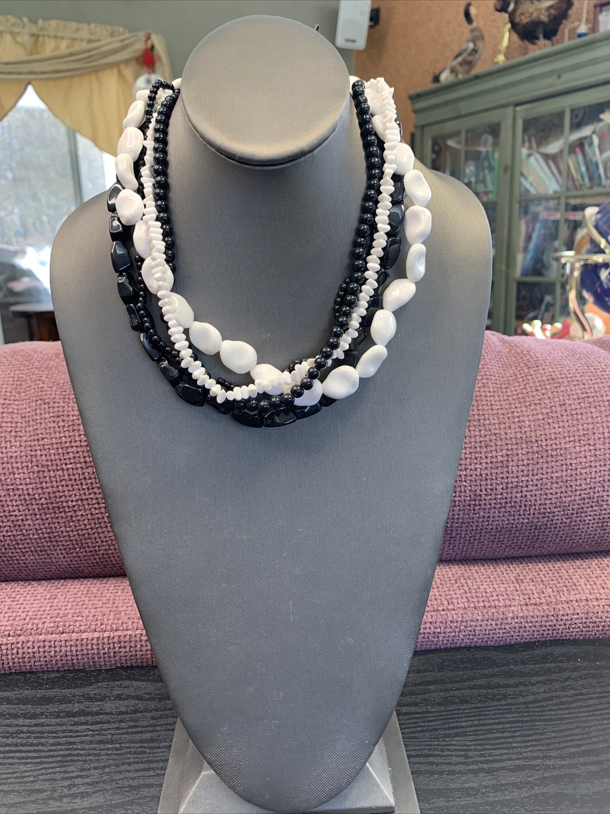 Vintage Lucite Black white  Multi Strand Bib Stat… - image 1