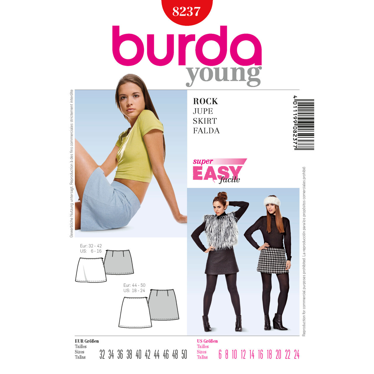 BURDA YOUNG 8237 MISSES SKIRTS Sewing Pattern Sizes 6 - 24 Skill: SUPER EASY