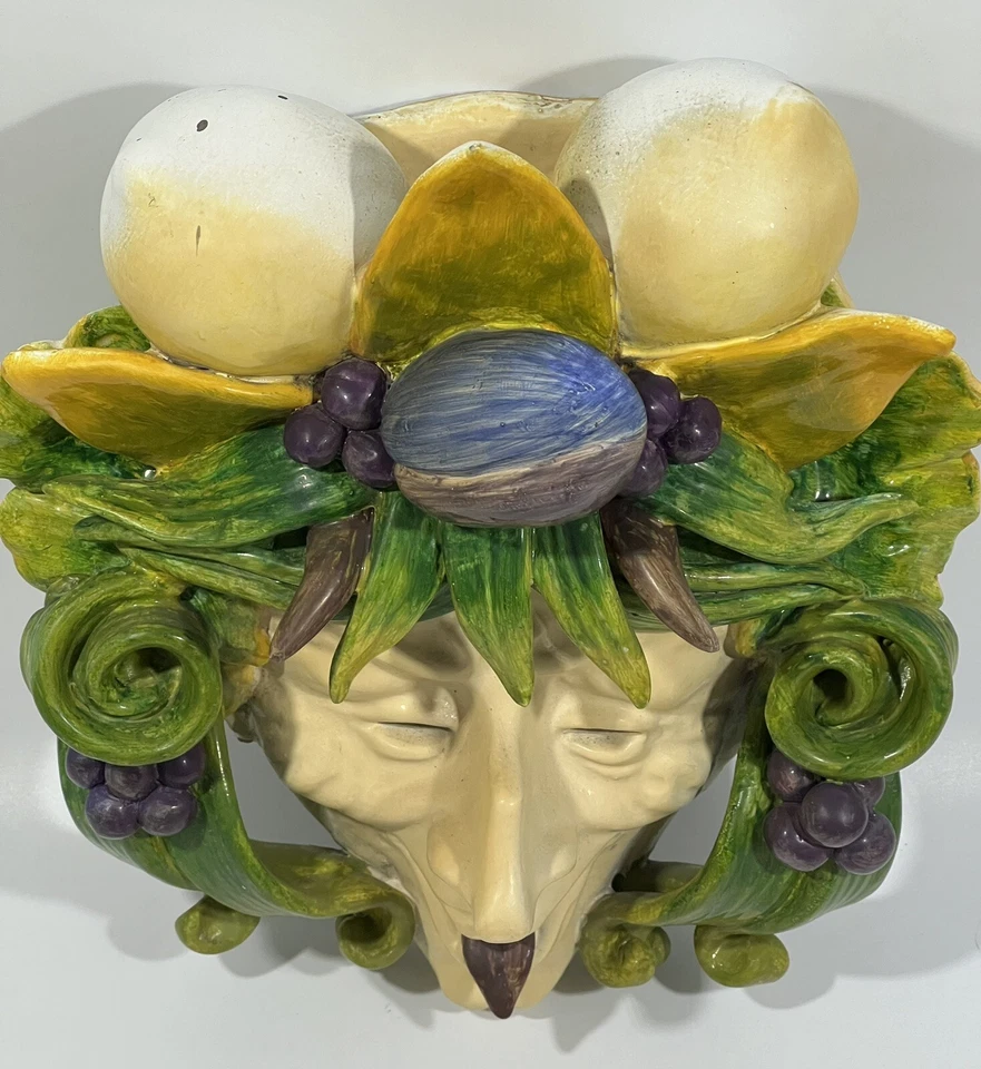 1990s Vintage Toscano Bacchus Mask Crown of Fruit & Frond Wall Decor Mask 10" T - Image 2 of 4