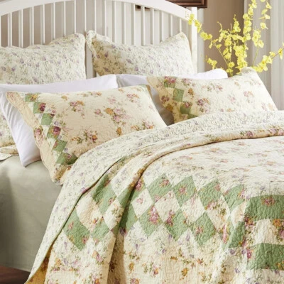 GREENLAND COTTAGE LILAC 3p Queen QUILT SET : BLISS VINTAGE ROSE GREEN FLORAL IVORY SHABBY