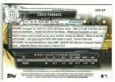 2017 Bowman Chrome Chris Paddack Auto Blue Mojo #d /150 San Diego 