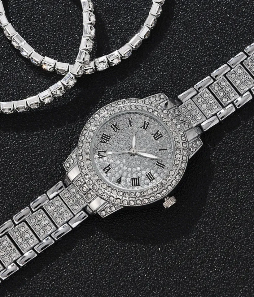 Set 3 Pezzi: Bracciale Tennis Argentato, Orologio Da Polso Uomo/Donna Di Lusso - Immagine 3 di 4