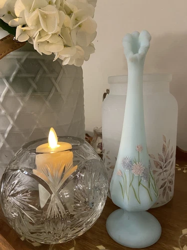 Vtg Fenton Bud Vase Blue Satin Cameo Glass Hand Painted Signed Grandma Core