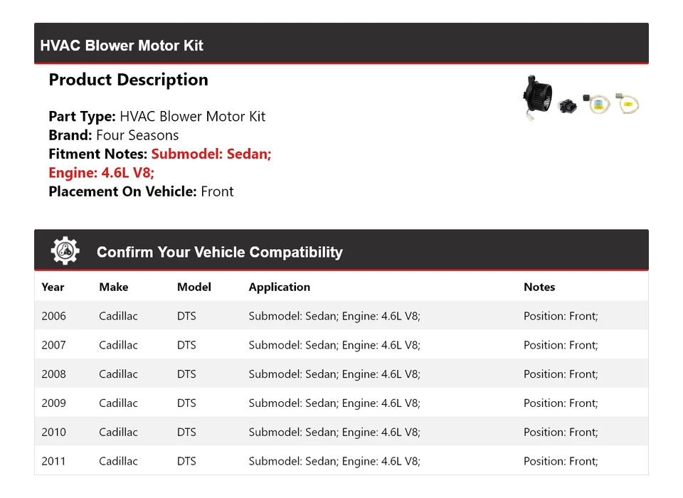 For 2006-2011 Cadillac DTS Sedan 4.6L V8 HVAC Blower Motor Kit Front 4 Seasons - Image 2 of 3
