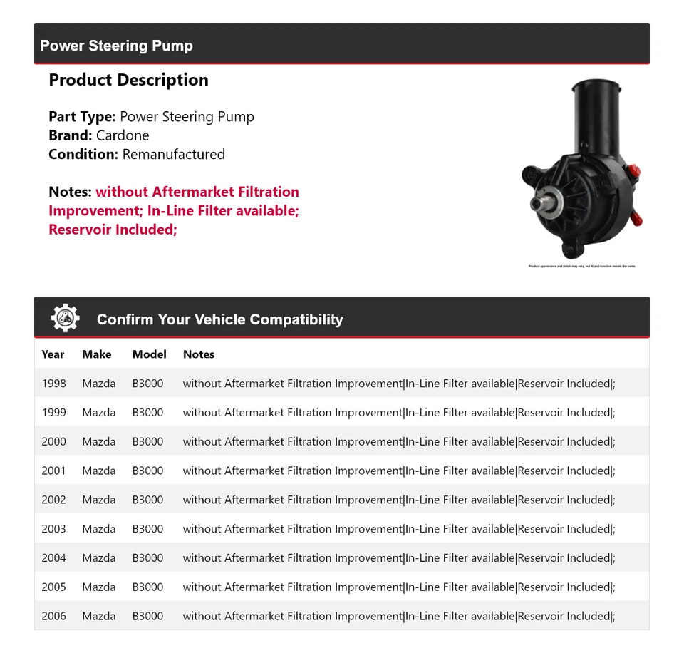 For 1998-2006 Mazda B3000 Power Steering Pump Cardone 1999 2000 2001 2002 2003 - Image 2 of 4