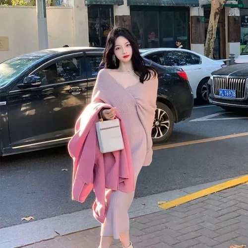 Vestido midi tejido para mujer cuello en V elegante suéter vestidos invierno damas - Imagen 3 de 30
