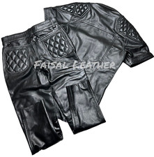 Men's Real Cowhide Black Leather Police Uniform Shirt  Pant Set Padded Style