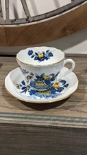 Spode Blue Harvest Blue Bird Pattern with Gold Trim Tea Cup & Saucer Set