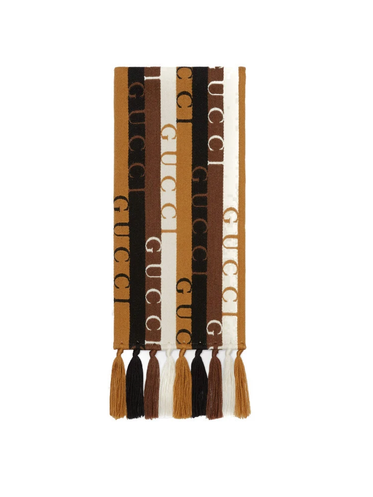 Écharpe logo authentique unisexe Gucci marron laine coton bois rayé 634116 neuve