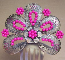 Spanish mantilla style hair comb coral colour beads - NO US IMPORT FEES