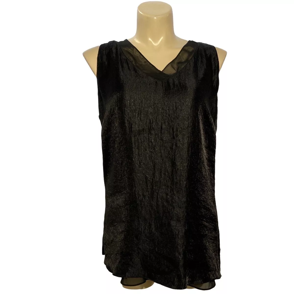Coldwater Creek 2X Top Blouse Shell Dressy Black Satin Shimmed