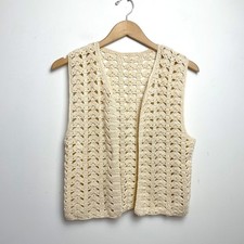 Cream Crochet Knit Vest Open Front Small Vintage Boho Cottagecore Coastal