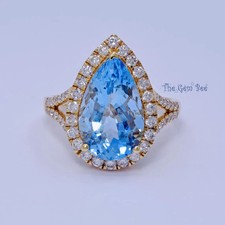4.9CT 14k Yellow Gold Pear Santa Maria Blue Aquamarine 0.7CT Diamond Ring Size 7