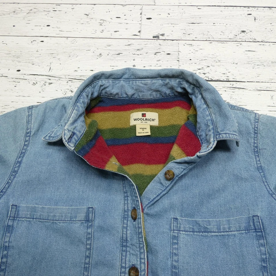 Chaqueta Woolrich Para Mujer Mediana Azul Denim Forrada de Vellón Botón Frontal Camisa Chamarra Foto 2 de 4