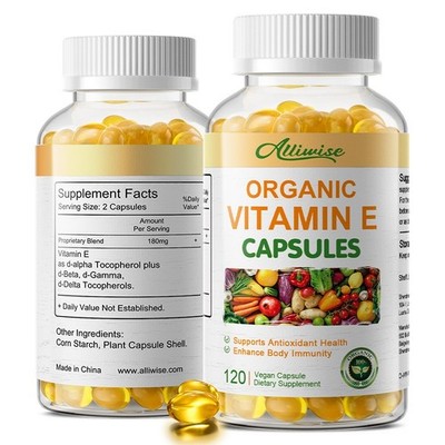 Organic Vitamin E Oil 120 Softgels Natural Vegan for Hair Skin Nail Face Health