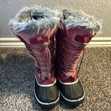 Girls Snow Boots US 8 Pink/Black/Gray Faux Fur Trim Lace-Up Rubber Sole