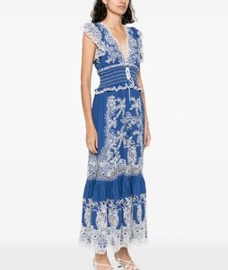 farm rio blue flower richelieu midi dress Blue Richelieu Embroidered Organic Cotton Midi Dress