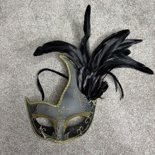 Black Gold Venetian Masquerade Mask w/ Feathers Elegant Costume Mask